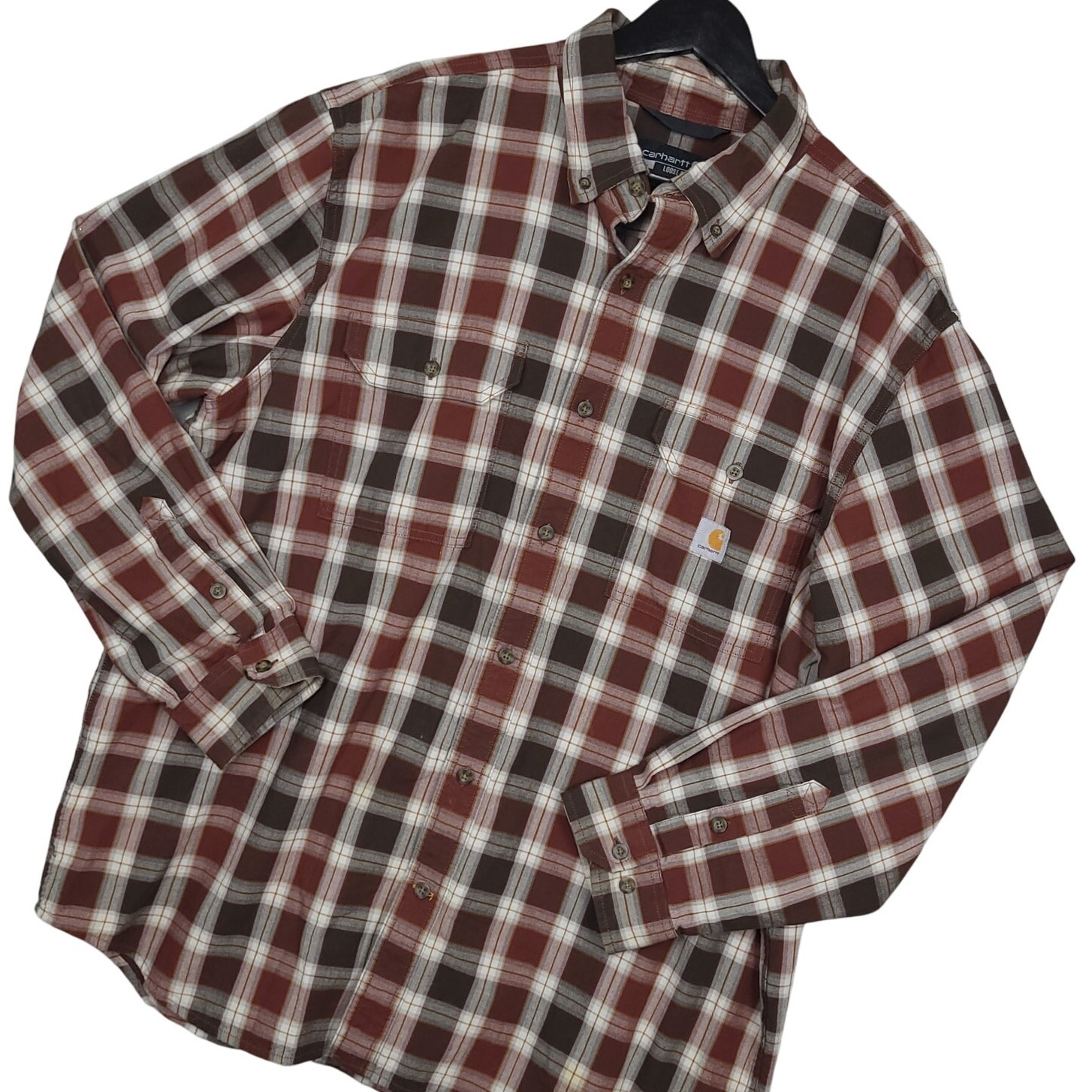 Carhartt Men's Loose Fit Button-Down Shacket Shirt Sz Xl Red Brown White Plaid